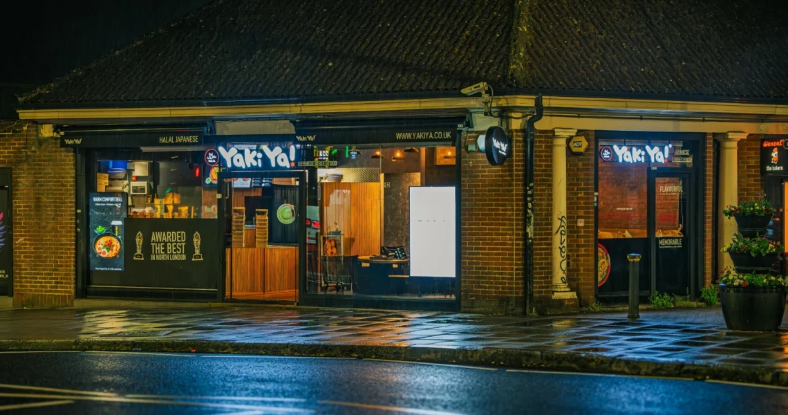 Yaki Ya! restaurant illuminated at night in London